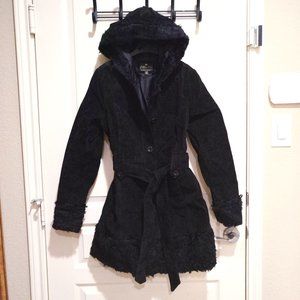Real Leather Hoody Trench Coat Faux Fur Trim wBelt